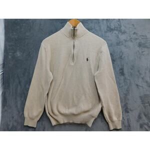Polo Ralph Lauren Sweater Mens L Beige Mock Neck 1/4 Zip Waffle-Knit Pullover
